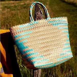 Woven Straw Tote Bag with Blue Accents
